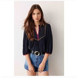 BA&SH Navy Embroidered Tracy Blouse NWT